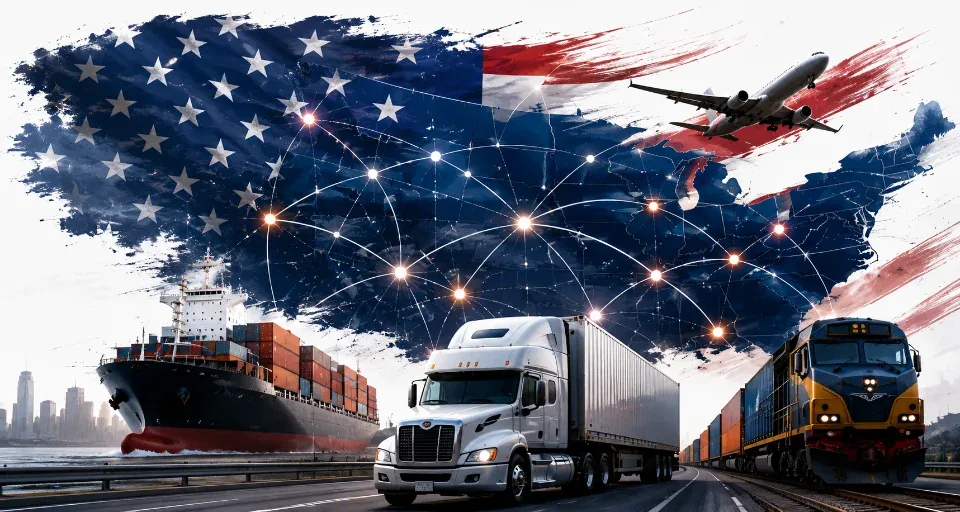 Ship, truck, rail and air freight moving across a national network.
